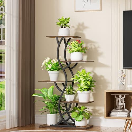 Plant Stand Indoor with Grow Lights - 44" Tall Corner Plant Stands for Indoor Plants, 5 Tiered Metal Plant Shelf, Curved Plant Flower Holder Dispaly Rack for Living Room, Home Patio Balcony (Black) 8