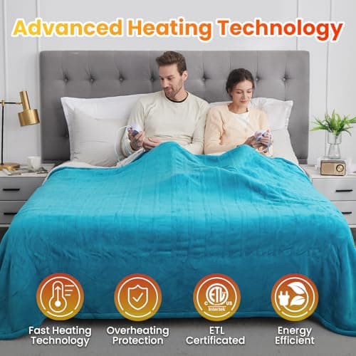WOOMER Electric Heated Blanket King Size, Soft Flannel Fast Heating Blanket, Teal Color, 90"x 100", 10 Heating Levels & 0.5-12H Auto Off, Over-Heat Protection 5