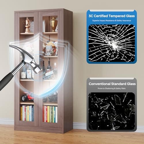 PEUKC Display Cabinet with Glass Doors, 71 Inches Metal Display Case with 4 Adjustable Shelves, Curio Storage Cabinet with Lock for Home, Office, Book, Pantry, Assemble Required (Wood Color) 5