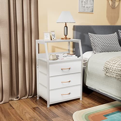 Furnulem White Nightstand with 3 Drawers and 2-Tier Shelf, Small Night Stand End Table Side Furniture, Fabric Storage Organizer for Bedroom, Closet, Hallway, Nursery, Sturdy Steel Frame, Wood Top 8