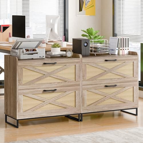 Lateral File Cabinet 2 Drawer File Cabinet with Charging Station for Legal/Letter/A4 Size Hanging Files, Modern Farmhouse Large Rattan Wood File Storage Cabinet for Home Office Furniture(Natural) 8