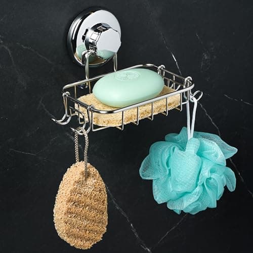 HASKO 2-Pack Suction Cup Soap Holder – Bar Soap Dish for Shower with Hooks for Bathroom – Optional Mounting with Adhesive Tape or Glue – Includes 2 Soap Savers – Stainless Steel SS304 - Silver 6