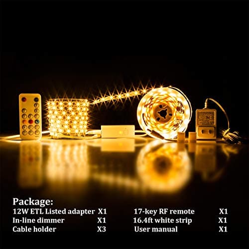 WOBANE Warm White LED Strip, Dimmable LED Light Strips with RF Remote and ETL Listed Adapter, 16.4ft Flexible Tape Lights for Kitchen,Under Cabinet,Bedroom, 3000K,300 LEDs Rope Light 6