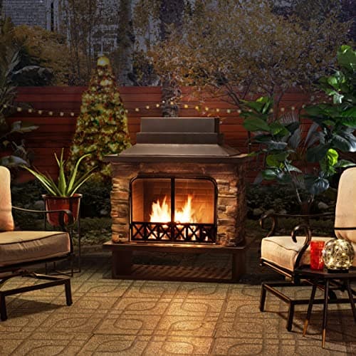 Sunjoy Outdoor Fireplace, Heavy Duty Patio Wood Burning Fireplace with Steel Chimney, Mesh Spark Screen Doors, Removable Grate and Fire Poker, Black 10