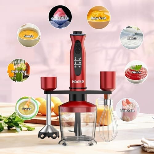 HOVOBO Immersion Blender Handheld 1000W Powerful Scratch Resistant Hand Blenders for Kitchen, Stick Blender Immersion 12 Speed and Turbo Mode, Low-Noise, Beaker Chopper Whisk Milk Frother 6