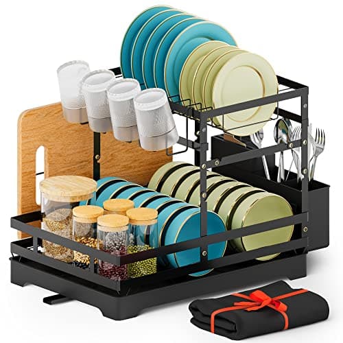 BBXTYLY Large Dish Drying Rack, 2 Tier Collapsible Dish Racks with Drainboard，Drainage, Wine Glass Holder, Utensil Holder and Extra Drying Mat, Dish Drainers for Kitchen Counter (Black)