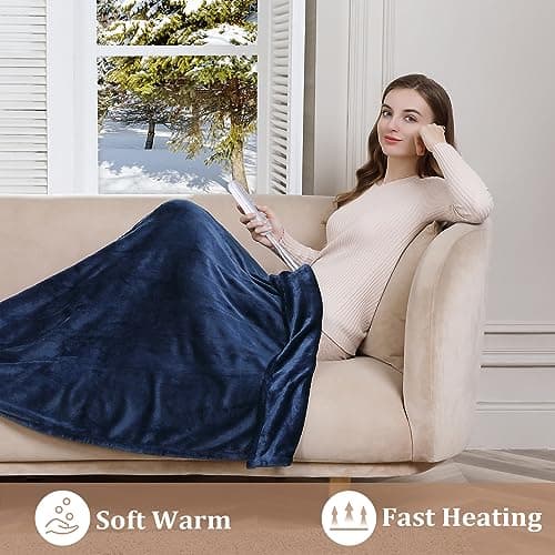 CAROMIO Heated Blanket Electric Throw Queen Size with Dual Control, Reversible Flannel Heating Blankets, Soft Heated Throws for Couch with 5 Heat Settings and 10 Hours Auto Shut Off, Navy, 84"× 90" 5
