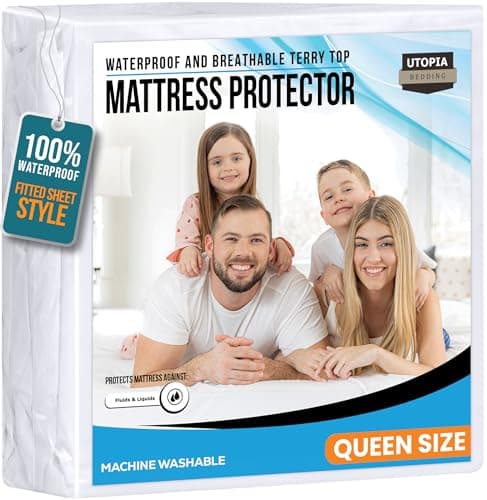 Queen Size Mattress Protector Waterproof, Premium 200 GSM Terry Mattress Cover, Soft & Breathable Bed Cover, Fitted Sheet Style Stretchable Deep Pockets 17" by Utopia Bedding (White)