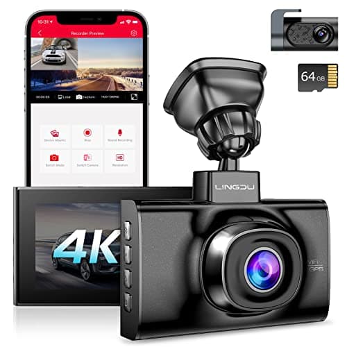 LINGDU LD02 Lite 4K Dash Cam Front and Rear, Car Dash Camera 5G WiFi GPS, Free 64GB SD Card, Voice Control, WDR Night Vision, 24H Parking Mode, 3" IPS Screen, G-Sensor