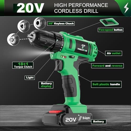 Tegatok 20V Cordless Drill Set, 3/8 Drills Handheld Drill Kit with 18+1 Torque Setting, LED Electric Power Drills Set with Battery and Charger, Electric Screwdriver Tools Kit, 2 Batteries 8