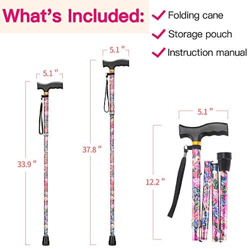 Walking Cane LIXIANG Cane for Woman | Mobility & Daily Living Aids | 5-Level Height Adjustable Walking Stick | Comfortable Plastic T-Handle Pink Print 5