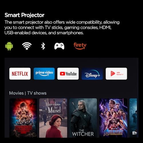 Boss S7 4K Projector – 7000 Lumens, 3D Android Smart Projector - 3840x2160 Resolution, Free Projector Screen, Free mount, 300" Display, Bluetooth & Wi-Fi – Home Theater 9