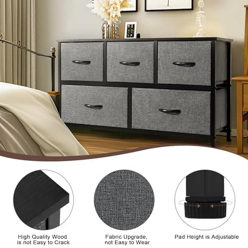 AZL1 Life Concept Extra Wide Dresser Storage Tower with Sturdy Steel Frame, 5 Drawers of Easy-Pull Fabric Bins, Organizer Unit for Bedroom, Hallway, Entryway, 11.4"D x 39.4"W x 21.6"H, Dark Grey 6