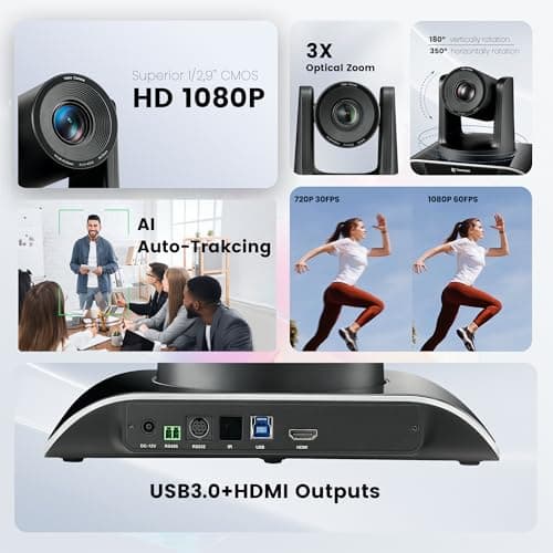 TONGVEO All-in-One Conference Room Video Camera System Al Auto-Tracking HD1080P 60fps 3X Optical Zoom USB3.0 HDMI PTZ Camera and Bluetooth Conference Speakerphone with Microphones 9