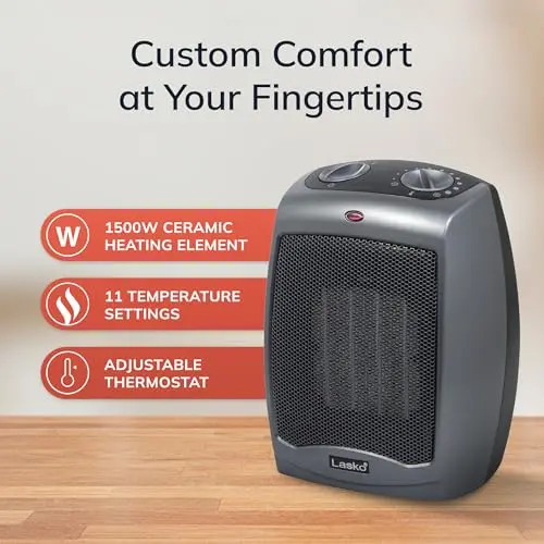 Lasko Portable Indoor Electric Ceramic Space Heater with Tip-Over Safety Switch, Overheat Protection and Thermostat, 2 Speeds, Safe for Home, 9.2 Inches, Dark Gray, 1500W, 754201 6
