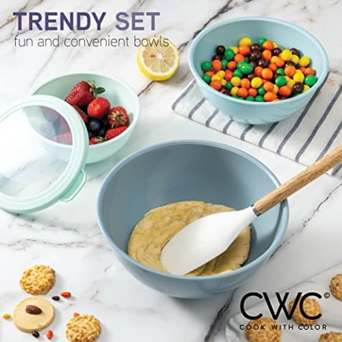 COOK WITH COLOR Mixing Bowls with TPR Lids - 12 Piece Plastic Nesting Bowls Set includes 6 Prep Bowls and 6 Lids, Microwave Safe (Blue) 6