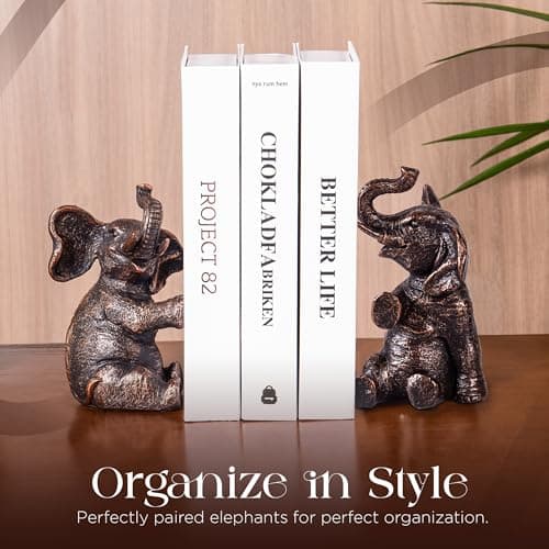 DURAGOODS Decorative Vintage Elephant Bookends with Non-Slip Padding for Shelves to Hold Books - Heavy Duty Resin Book Holders for Bookshelf Decor, Home, Office, Living Room – 4” L x 4” W x 7”H 8