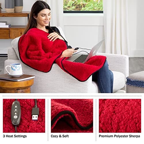 Heated Blanket 2-Pack - USB-Powered Sherpa Throw Blankets for Travel, Home, Office, or Camping - Winter Car Accessories by Stalwart (Red Wine) 5