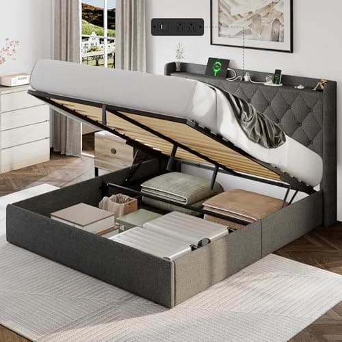 Einhomn Full Size Lift Up Storage Bed Frame with Charging Station, Upholstered Platform Bed Frame with Storage, No Box Spring Needed, Noise-Free, Hydraulic Storage, Easy Assembly, Dark Grey