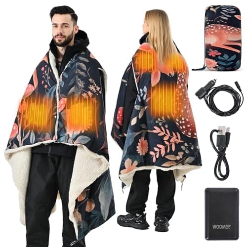 WOOMER Wearable Heated Blanket Battery Operated 50x70 Inches, 15000mAh Cordless Rechargeable Electric Throw Blanket with 3 Heat Settings, Waterproof Portable Heating Blanket for Outdoor Camping Travel