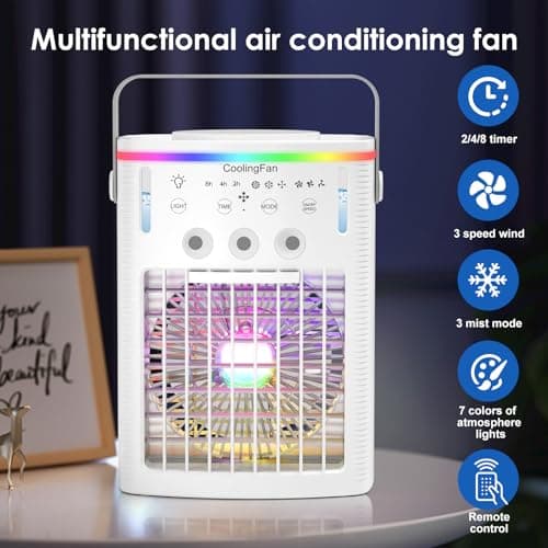 Portable Air Conditioners, 4-in-1 Portable Air Cooling Fan with 1000mL Tank, 3 Speeds & Remote - 2-8H Timer, 7-Color LED - Mini Evaporative AC Unit for Camping, Office, Bedroom, Car 5