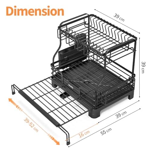 Urackify Extendable Dish Drying Rack, Multifunction Dish Rack for Kitchen Counter, Expandable Dish Drainer Over Sink, Large Dish Strainer with Cups Holder, 2 Tier Matte Black 9