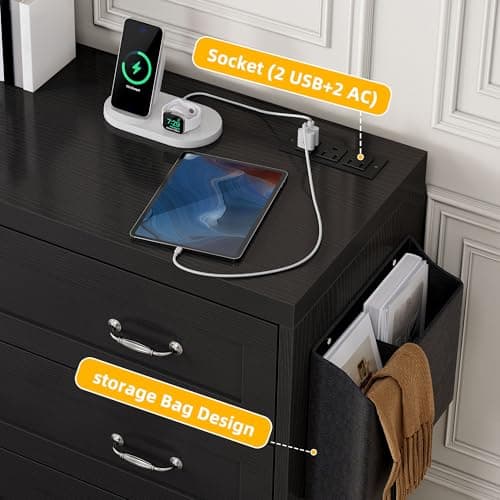 DWVO Farmhouse 7 Drawer Dresser for Bedroom, 31.5 Inch Tall Modern Dresser TV Stand with Large Drawers & Bar Handles, Storage Dressers with Power Outlets, Rustic Wood Chest of Drawers, Black 7