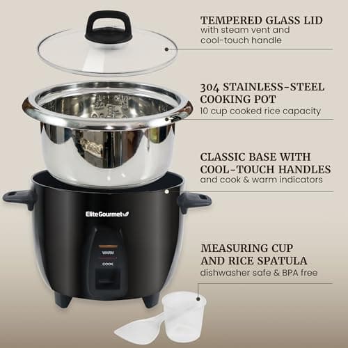 Elite Gourmet ERC2010B Electric Rice Cooker with Stainless Steel Inner Pot Makes Soups, Stews, Porridge's, Grains and Cereals, 10 cups cooked (5 Cups uncooked), Black 6