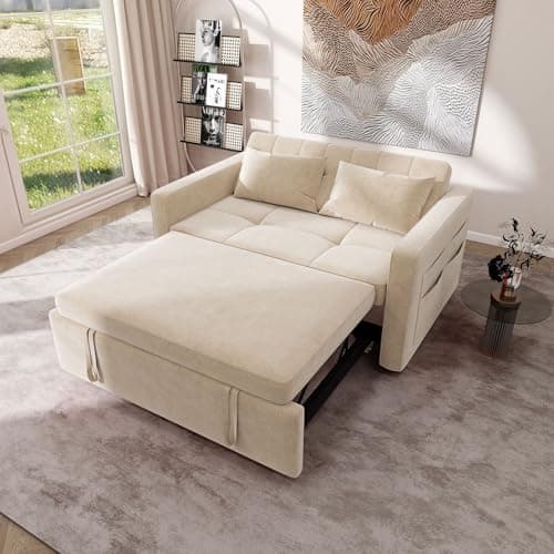 YITAHOME 55" Convertible Sofa Bed, Velvet Sleeper Sofa with Pull-Out Bed, 3-in-1 Futon Couch with Reclining Backrest and Side Pocket, Modern Loveseat for Living Room, Beige, Full Size