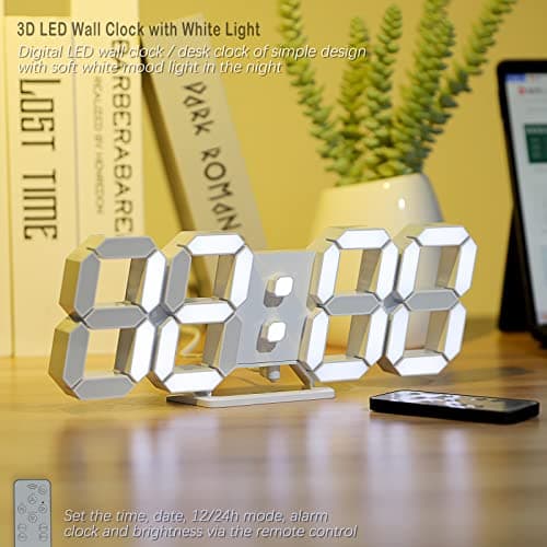 KOSUMOSU 3D LED Digital Wall Clock ,9.7", Large Display Table/ Desk Clock with Remote Control 12/24H Temperature (White Light) 5