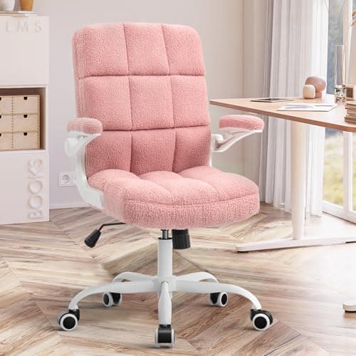 SEATZONE Pink Office Chair Ergonomic Pink Desk Chair with Flip-up Arms,Fluffy Office Chair with Lumbar Support,Faux Fur Comfy Office Chairs for Home Office and Bedroom,Teddy Fleece Fluffy