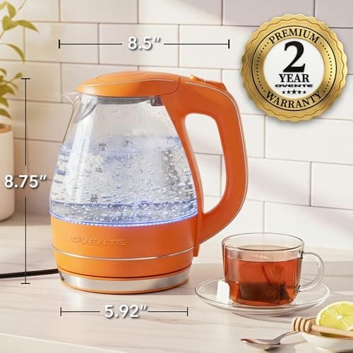 OVENTE Electric Kettle, 1.5L Borosilicate Glass Countertop Water Heater and Boiler for Coffee or Tea, BPA-Free, Auto Shut-Off, Boil-Dry Protection, Removable and Washable Spout Filter, Orange KG83O 7