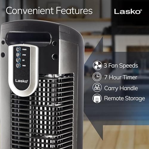 Lasko Oscillating Tower Fan with Remote Control, 3 Quiet Speeds, Timer for Bedroom, Kitchen, Office Use, Black, 36" 2511 5