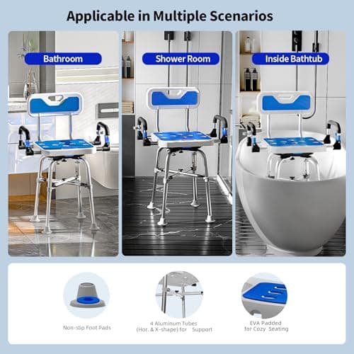 Swive Shower Chair with Arms and Back Heavy Duty 500 lbs for Seniors Elderly Disabled or Bariatric Adults Bench Seat for Inside Shower Stall and Bathroom Bath Tub Seats Adjustable Stool 5