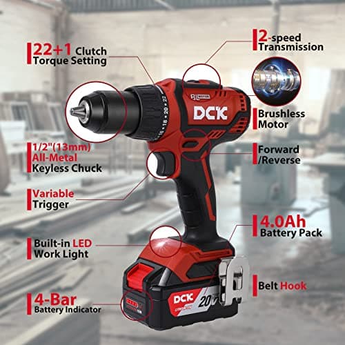 DCK Brushless Cordless Drill Set, 20V Max Electric Drill with 4.0Ah Battery 531in.lbs, 1/2Inch Keyless All-Metal Chuck, 2 Variable Speeds, Power Drill Kit for Screw Wood/Ceramic/Tile/Steel KDJZ04-13 8