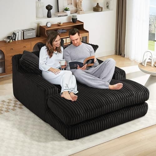 JEEOHEY Oversized Chaise Lounge Chair Indoor, 53"W Upholstered Corduroy Loveseat Sofa Boneless Chair with Pillows, Comfy Cloud Couch, Modern Lazy Floor Sleeper Sofa Bed for Living Room, Bedroom(Black)