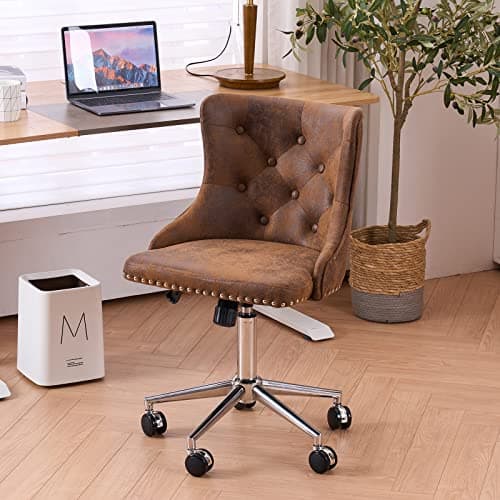 VINGLI Rustic Microfiber Armless Home Office Desk Chair with Gold Base/Wheels, Small Cute Vanity/Makeup Chair with Back for Bedroom, Upholstered Adjustable Rolling Swivel Nail Chair for Women/Girls