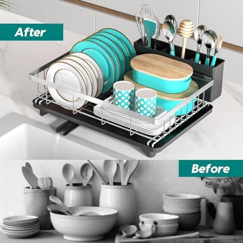 MERRYBOX Stainless Steel Dish Drying Rack for Kitchen Counter Sink，Rustproof Stainless Steel Dish Rack with Large 3-Compartment Utensil Holder 6