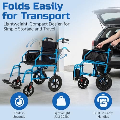 Platinum Health Hummingbird™ Ultra-Lightweight Foldable Transport Wheelchair, Handbrakes,12-Inch Rear Wheels, Extra-Wide Seat. Convenient Table-Length Padded Armrests. (Sky Blue) 7