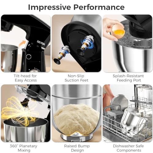 OSTBA Stand Mixer, 5QT+5.5QT Two Bowls Electric Kitchen Mixer, 10+P Speed Dough Mixer with Whisk, Beater & Dough Hook, Dishwasher Safe, Black 7