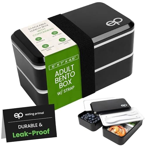 Stackable Bento Lunch Box for Adults with Utensils - Leakproof Bento Box Adult Lunch Box Containers w/ Compartments & Dividers, BPA-Free, Microwave/Dishwasher Safe, 5" x 7" x 4.5", Black w/ Strap