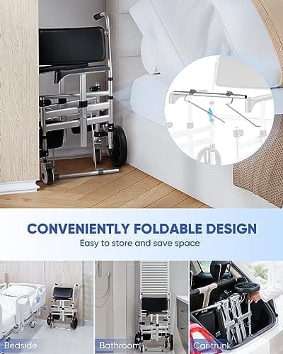 Shower Chair with Wheels, Hybodies Folding Shower Wheel, Transport Chair, Commode, Rolling Bath Chair for Handicap, Elderly & Injured, Waterproof & Soft, Front Locking Wheels, Safety Straps Included 6