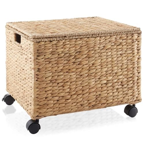 Casafield Rolling Filing Cabinet, Natural - Water Hyacinth File Organizer with Lid and Locking Wheels, Home Office Storage for Hanging Folders