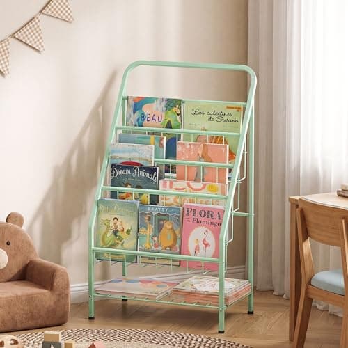 JAQ Green Kids Bookshelf, 4-Tier Metal Book Display Rack for Small Space, Child-Safe Forward Facing Toddler Bookshelf for Classroom, Nursery & Playroom, Easy-to-Clean Sling Design (28.35" Height)