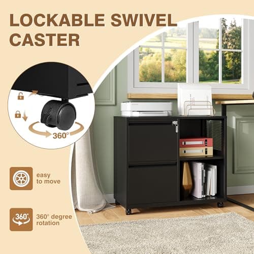 NODHM Lateral 2 Drawer Filing Cabinet with Lock, Mobile File Cabinet on Wheels, Printer Stand with Storage for Legal/Letter/A4 File Folders (Blcak) 6