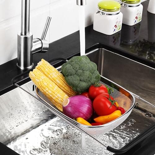ZDRongZhen Kitchen Accessories Over the Sink Colander Strainer Basket，Stainless Steel Colander with Expandable Rubber Grip Sink Drainer-Rinse Vegetables Fruits &Strain&Drain (Large-Dense round hole) 7