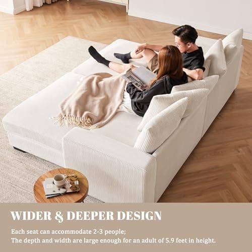 Mangodan 101.6" Deep Seat Modular Sectional Sofa, Comfy Corduroy Sectional Couches for Living Room, L-Shaped Upholstered Cloud Couch with Chaise, Widened Armrests for 4 People, Beige 5