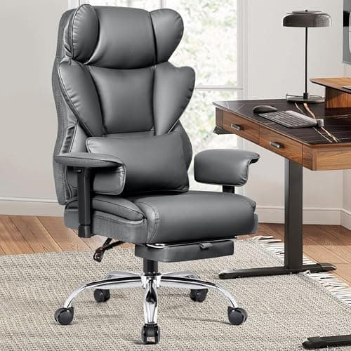 BESTFAIR Ergonomic Home Office Chair with Footrest, High Back Desk Chairs for Heavy People, 500 LBS Leather Executive Office Chairs with Lumbar Support, Comfy Gaming Chair with Wide Seat, Gray