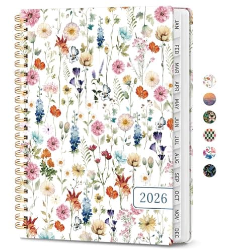 2026 Planner, Weekly and Monthly Calendar Planner for Women, Jan 2026 - Dec 2026, Hardcover Planning Agenda Book with Tabs, Spiral Bound, Inner Pocket, Perfect for School Office Supplies, 6.3" x 8.5" - Wildflowers