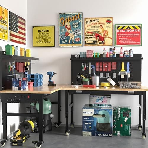 Betterhood 48" Heavy Duty Adjustable Workbench with Large Pegboard, Adjustable Work Table with Power Outlets & Lockable Wheels, Rubber Wood Workstation for Garage, Workshop, Office, Home, Commercial 6
